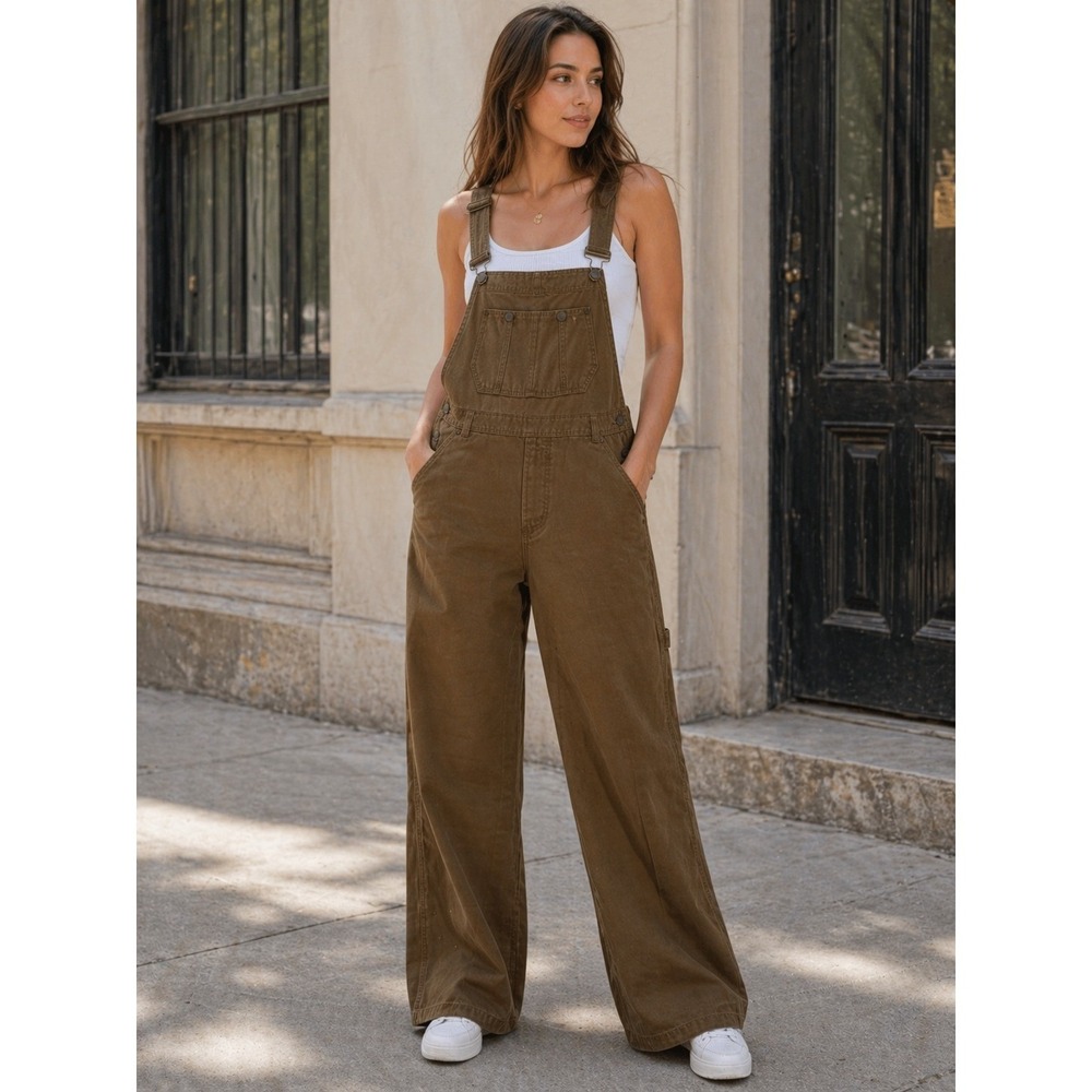 DKNY Vintage 90s Y2K Brown Canvas Bib Overalls Womens Medium 100 Cotton Denim